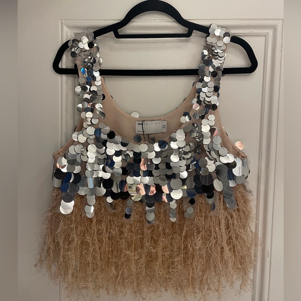 ASOS Edition Paillette Sequin Crop Top with Feather Hem Silver/Pink  US 8